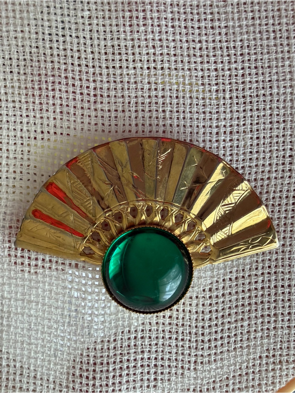 Simon Chang Fan Brooch Gold Tone Green Lucite Cabochon 80s Art Deco Statement